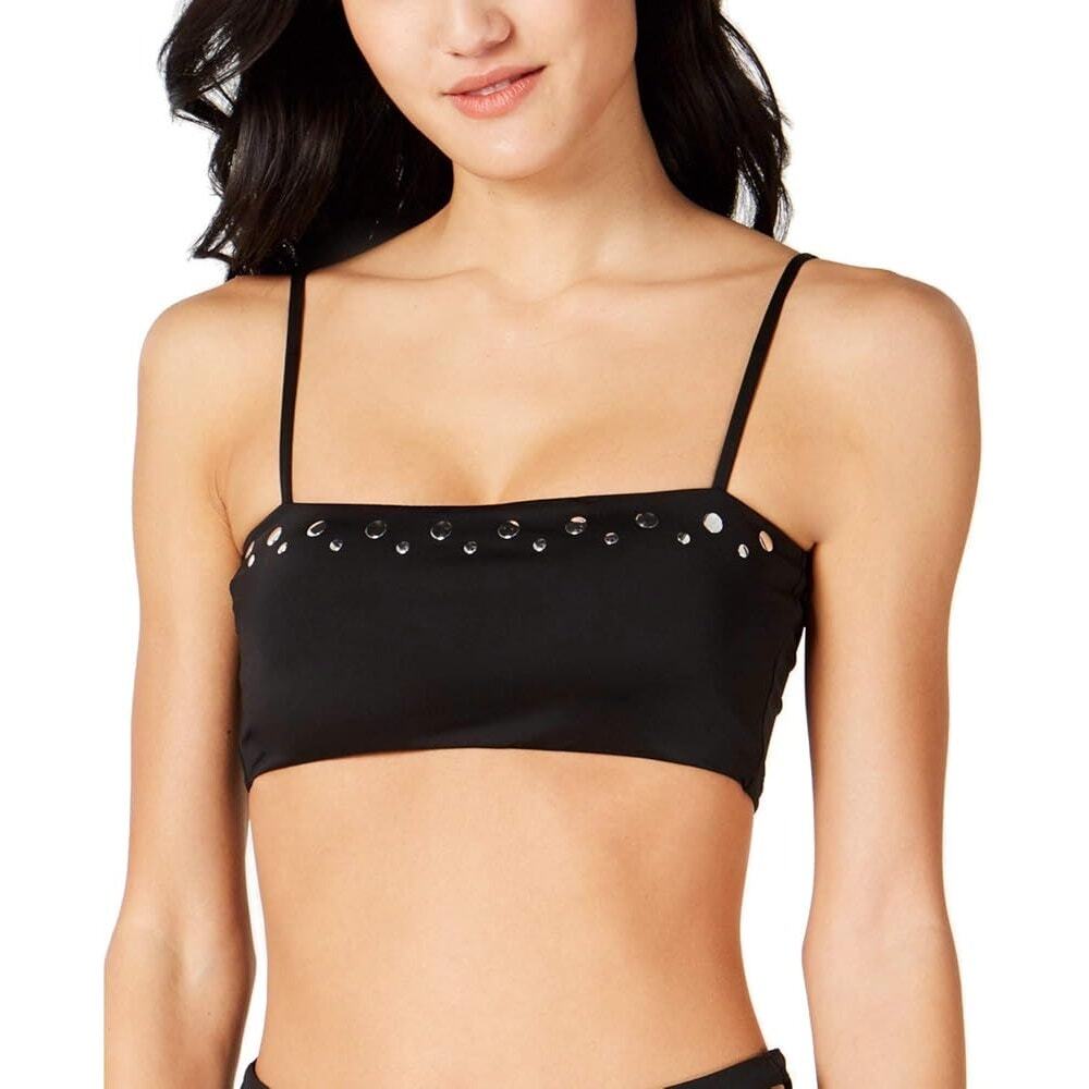 BAR III Nailheads Square Bandeau Straps Bikini Swim Top Black Silver NWT Large